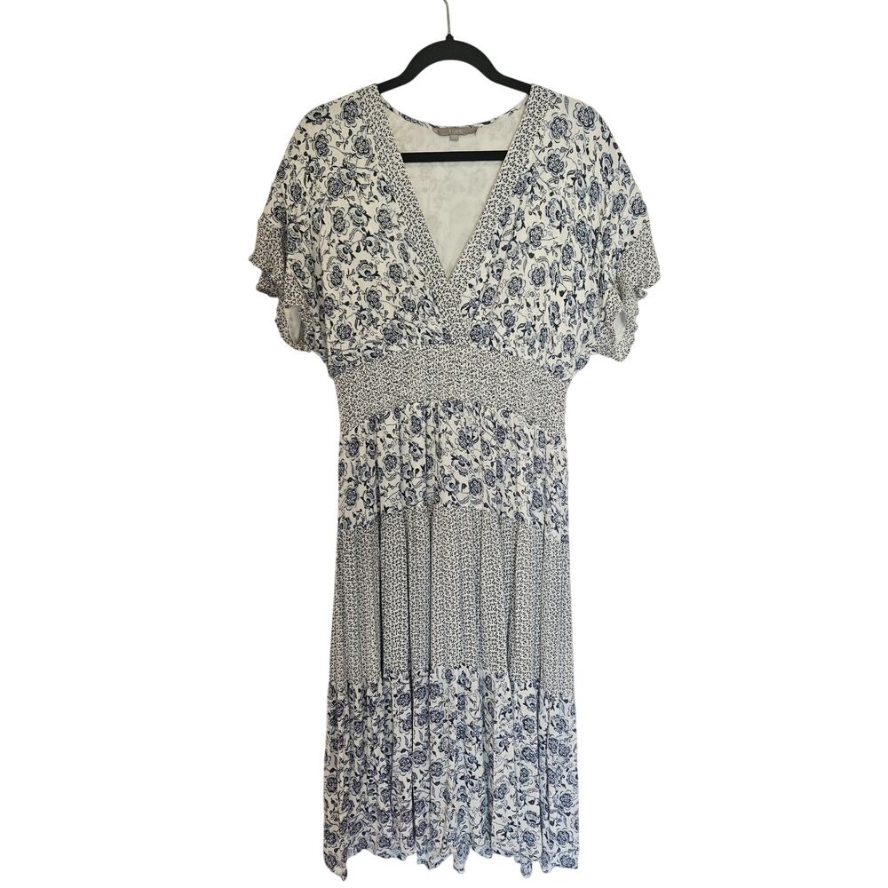 J.Gee blue floral maxi dress smocked cottage XL coastal romantic twirl flutter